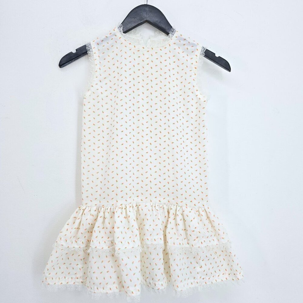 Vintage 90s Off White Carrot Print Lace Pleated Skater Skirted Dress Size 5/6